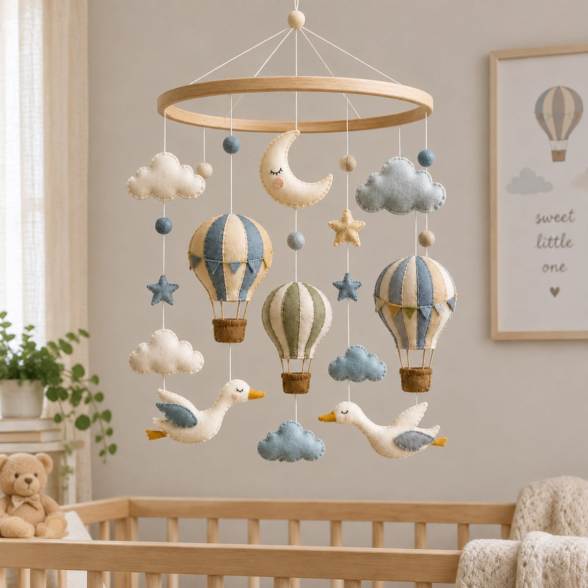 Hot Air Balloon Baby Mobile, Handmade Felt Crib Mobile with Clouds Birds Moon Stars, Adventure Nursery Decor, Baby Gift BBMB37