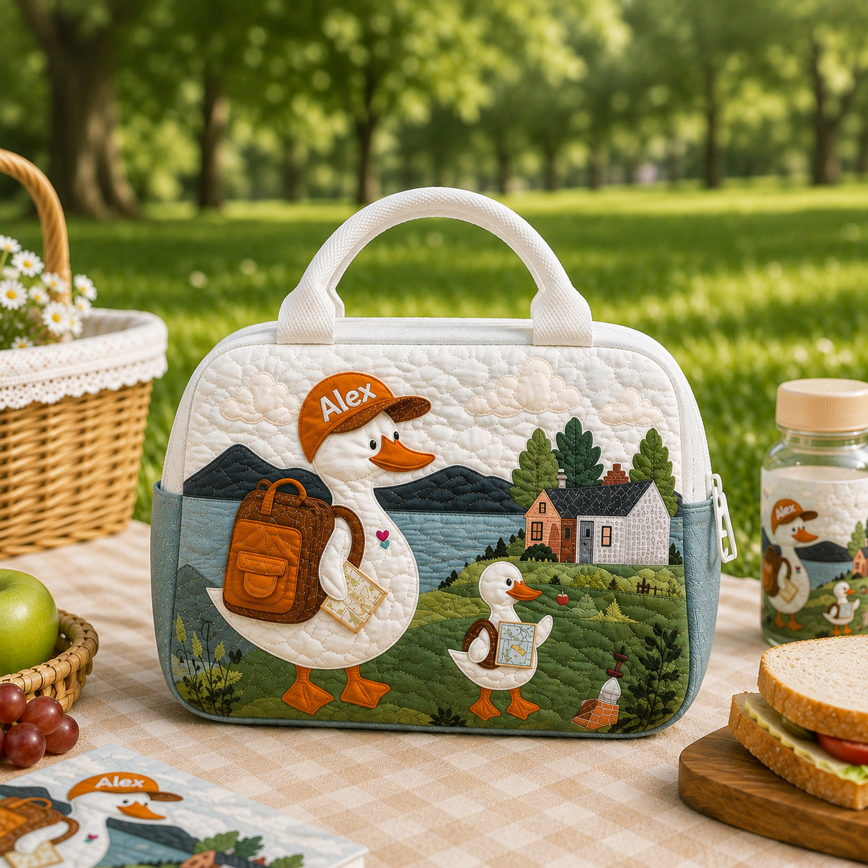 Duck Family Quilted Lunch Bag, Insulated Quilted Lunch Tote, Animal Lunch Bag, Custom Kid Lunch Bag, Back To School Bag, Picnic Bag, Reusable Lunch Tote QLB20