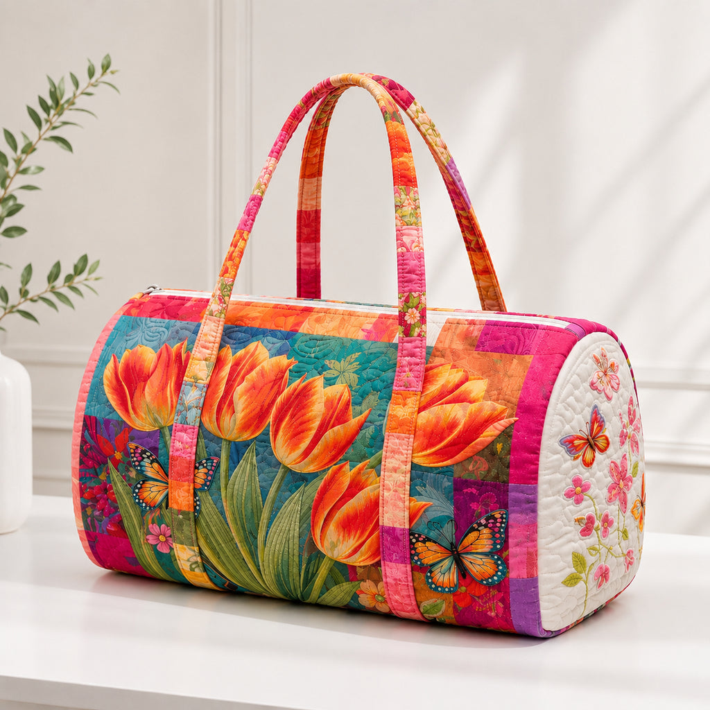 Tulip Quilted Travel Bag, Floral Weekender Bag, Butterfly Travel Duffle Bag, Floral Travel Bag QTTVB16