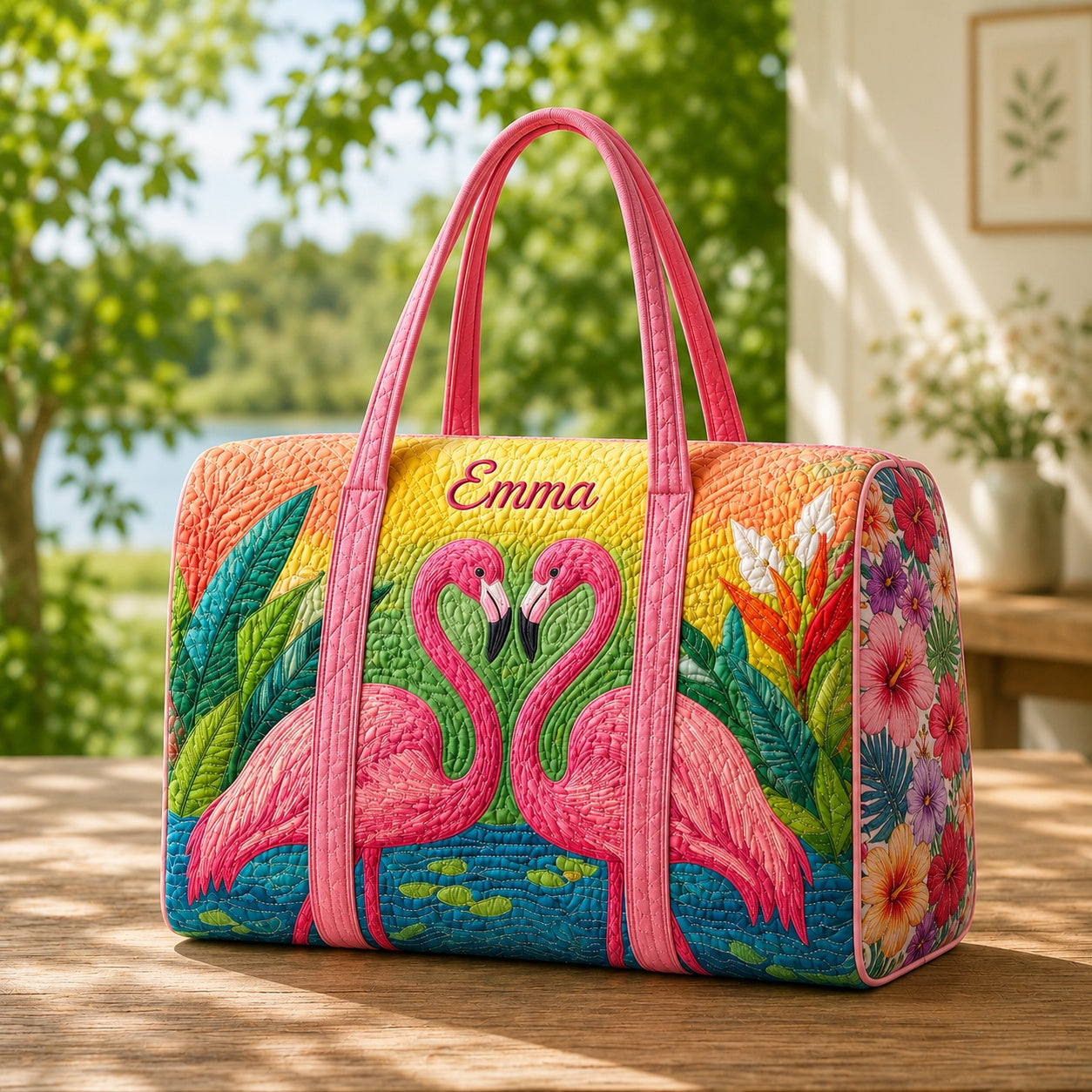 Flamingo Quilted Duffle Bag, Tropical Bird Travel Bag, Custom Name Weekender Bag, Summer Bag For Family Trip DFB42