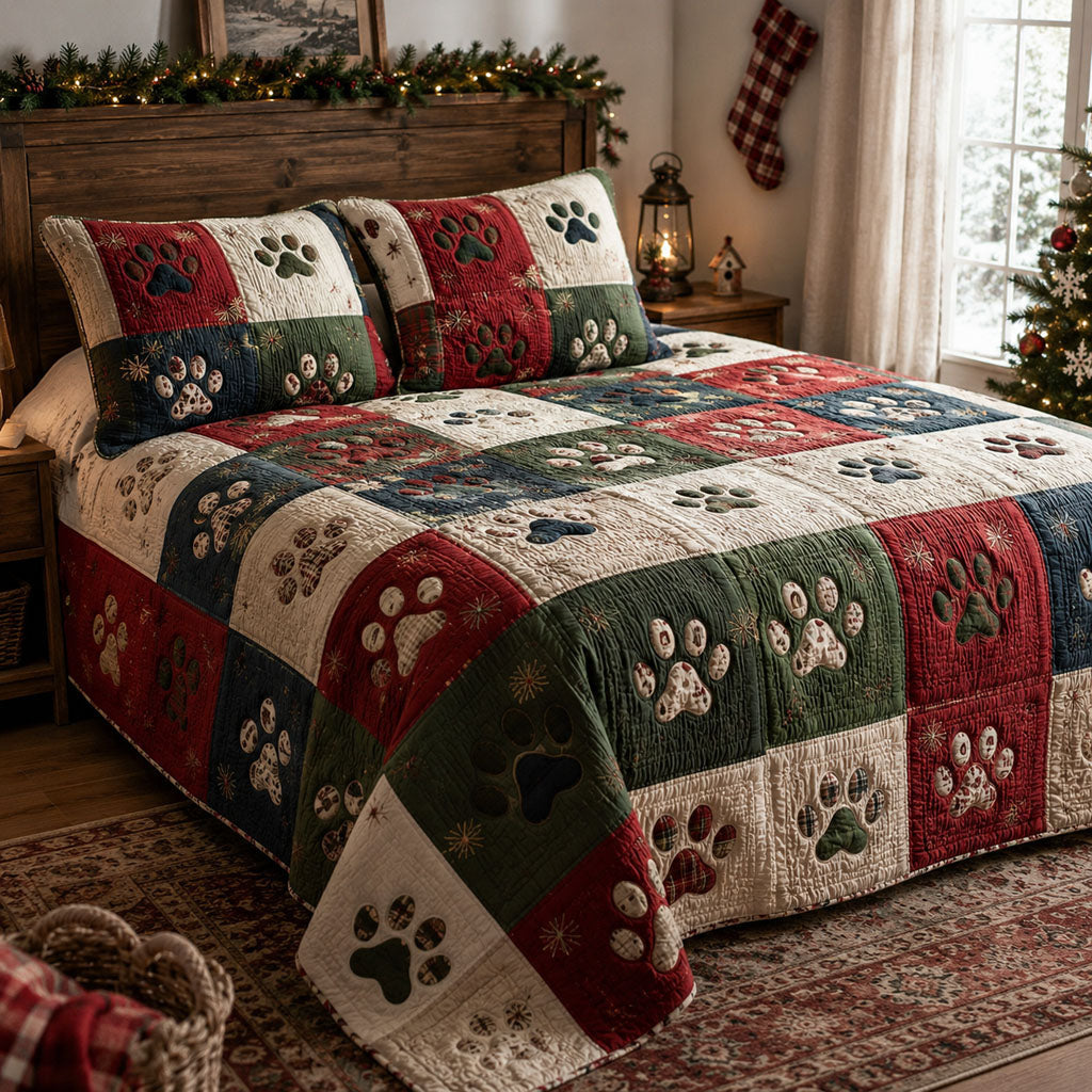 Vintage Christmas Dog Paw Print Quilted Bedding Set, Paw Patchwork Blanket, Paw Quilt with Pillow Covers, Pet Lover Bedroom Decor QBEDSET50