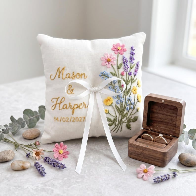 Personalized Embroidered Floral Wedding Ring Bearer Pillow, Custom Wedding Ring Pillow, Wedding Keepsake Gift WPILLOW20