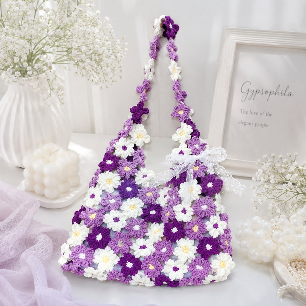 Crochet Flower Bag, Purple Daisy Shoulder Bag, Handmade Floral Crochet Purse, Coquette Summer Bag Crochet13