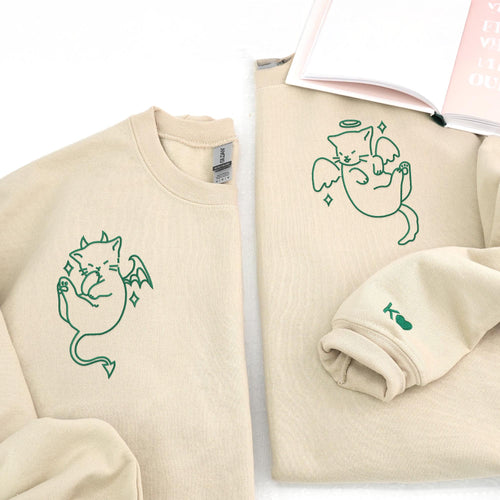 Angel and Demon Cat Matching Sweatshirts for Couples, Heart on Sleeve, His and Her Sweatshirt, Matching Couple Hoodies, Birthday Gift