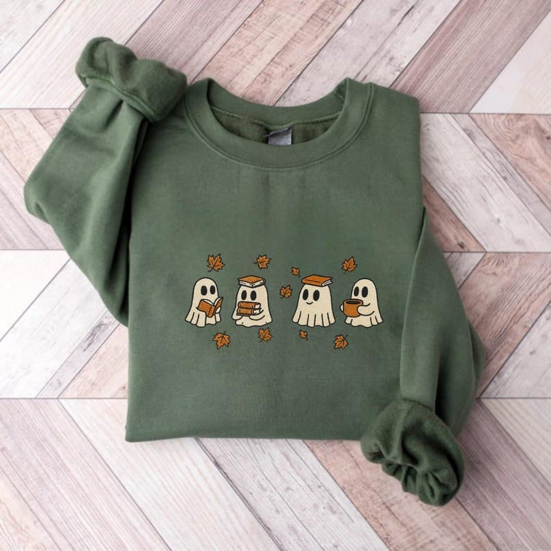 Embroidered Reading Ghost Shirt, Cute Ghosts Reading Books Autumn Embroidered Shirt, Autumn Shirt, Halloween Gift For Bookish HLEM20