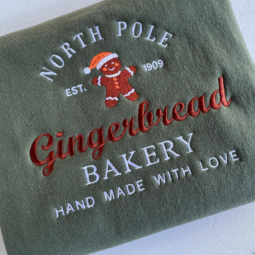 Gingerbread Bakery Embroidered Sweatshirt, Christmas Crewneck Holiday Sweater, North Pole Cookie Baking Shirt, Xmas Women Gift, Baker Gift