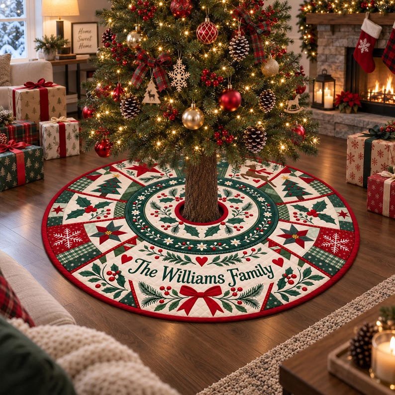 Custom Family Quilted Tree Skirt, Patchwork Xmas Tree Skirt, Holiday Decor, Xmas Tree Base Cover, Custom Tree Skirt XMASTS20