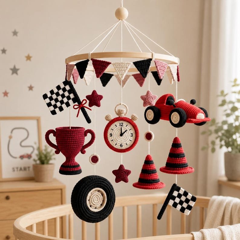Race Car Baby Mobile, Crochet Crib Mobile for Boy Nursery, Handmade Racing Nursery Decor, Baby Shower Gift for Newborn CrochetBBM18