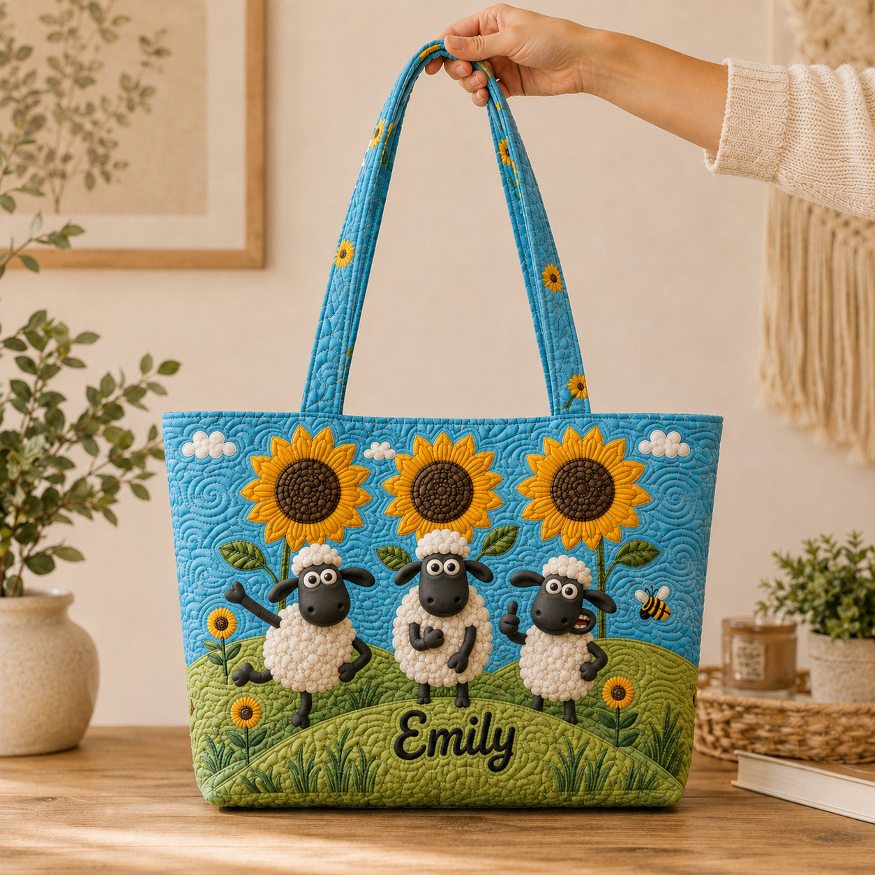 Funny Sheep Quilted Tote Bag, Sheep Pattern Tote Bag, Quilted Shoulder Bag, Quilted Book Bag, Fabric Bag QTOTE78