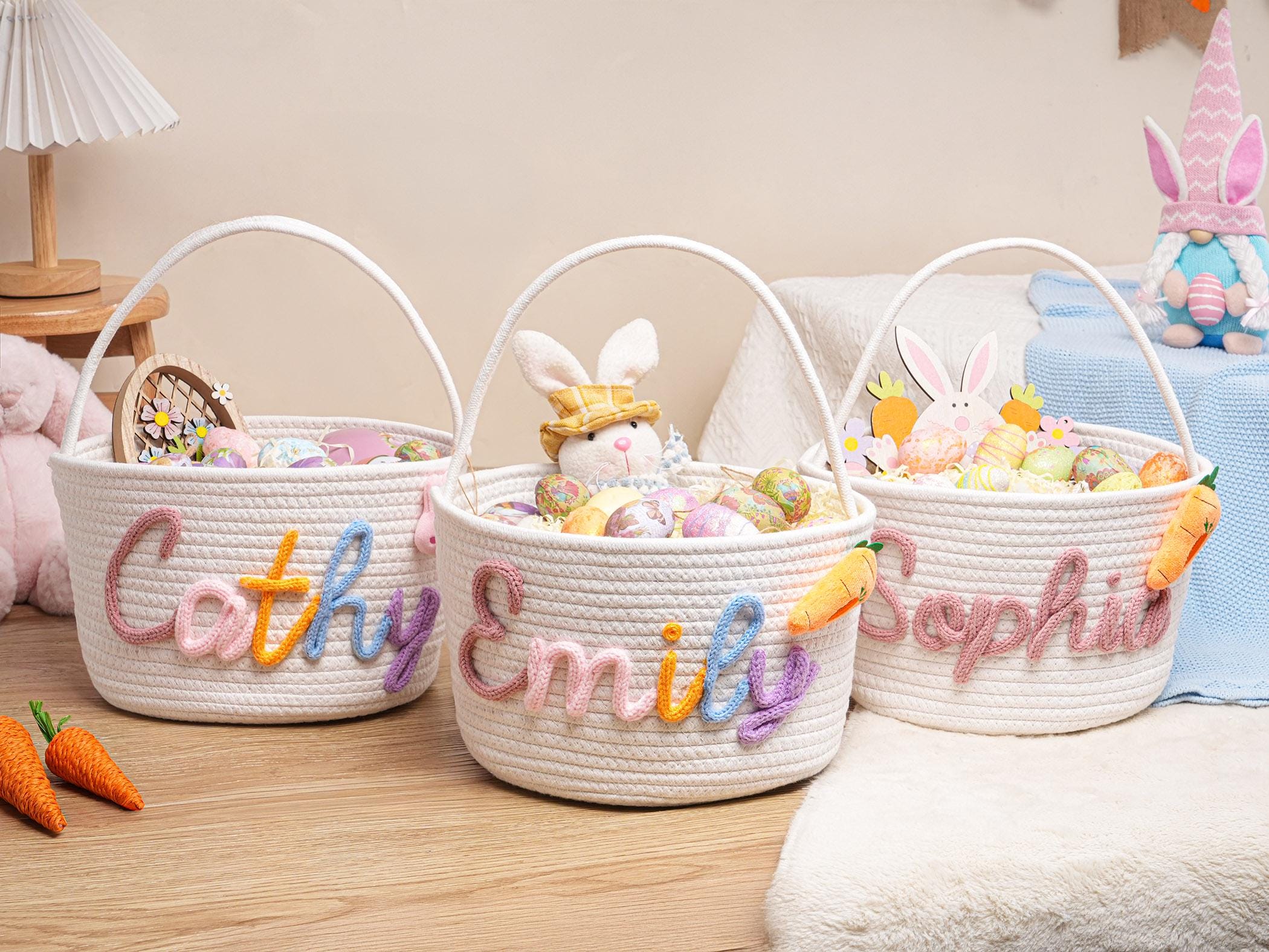 Personalized Easter Basket with Name, Handwoven Rope Basket, Easter Bunny Gift for Kids, Easter Egg Hunt Basket, Baby Shower Gift