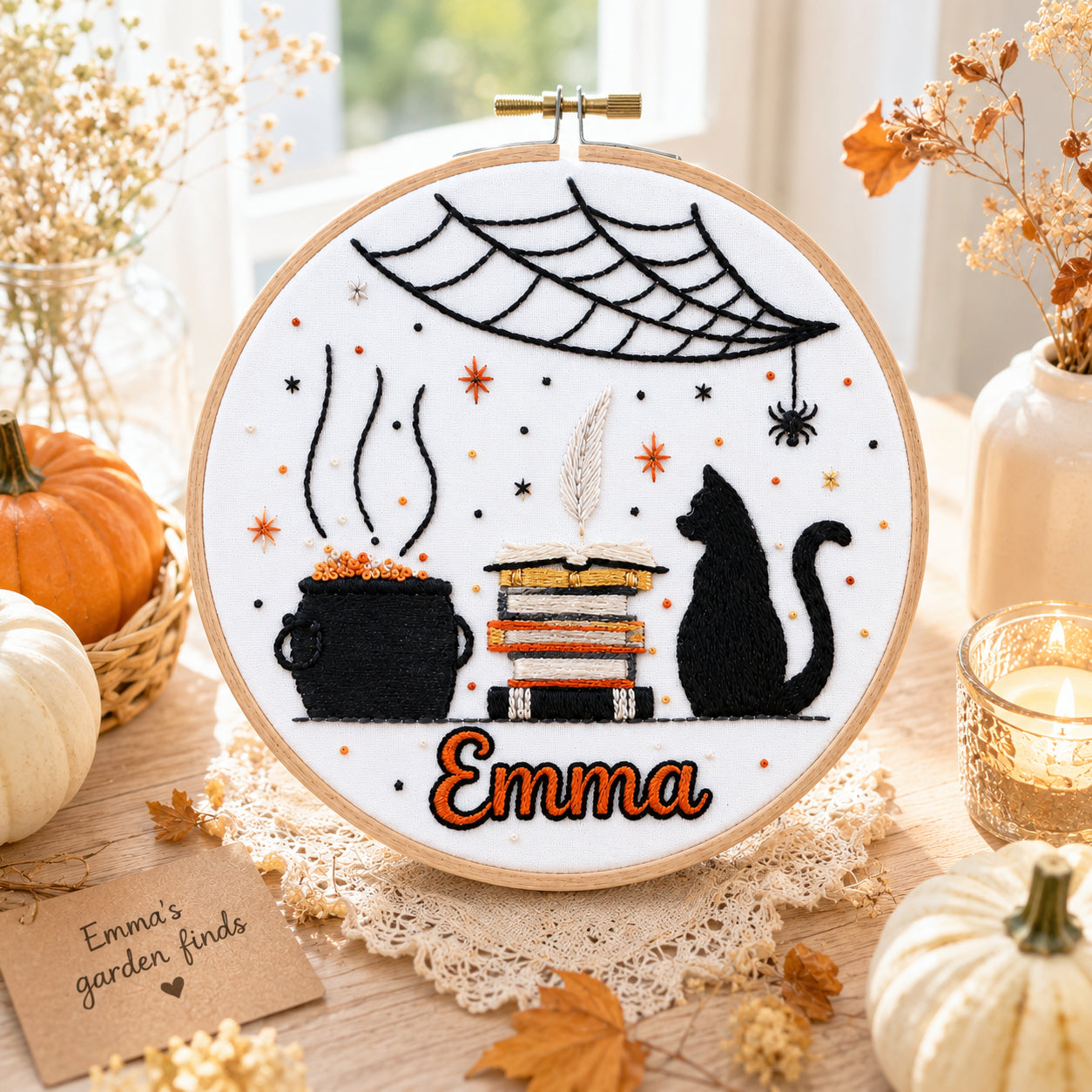 Personalized Halloween Witch Embroidery Hoop, Custom Name Wall Art, Black Cat and Spell Books Decor, Handmade Spooky Gift HOOP21