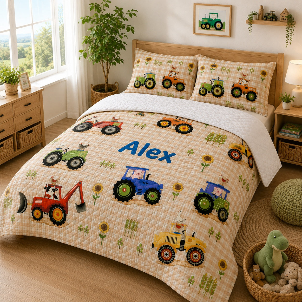 Tractor Blanket, Tractor Quilted Bedding Set, Custom Farm Vehicle Quilt Set with Pillow Covers, Farmhouse Bedroom Decor QBEDSET18
