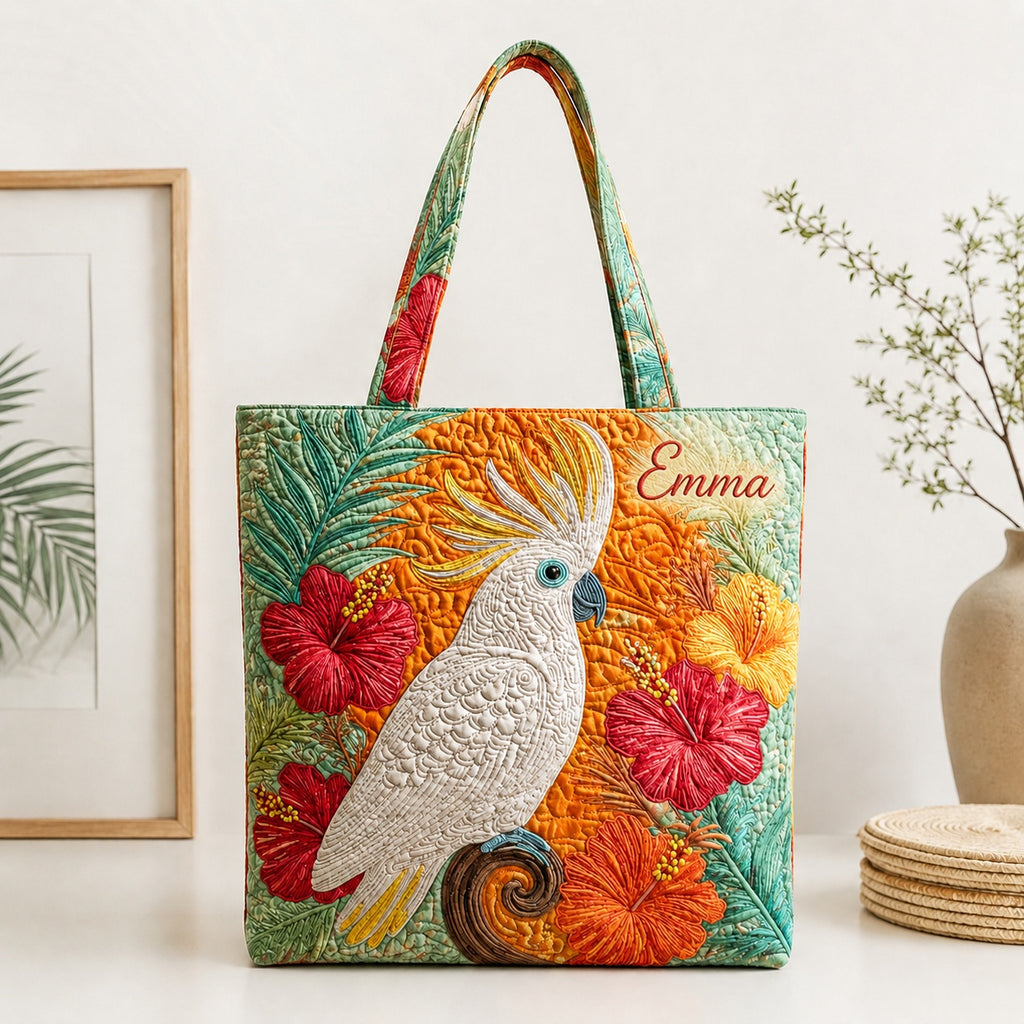 Tropical Parrot Floral Quilted Tote Bag, Cockatoo Shoulder Bag, Custom Bird Lover Tote, Exotic Bird Gift, Fabric Tote Bag, Gift Bag QTOTE44