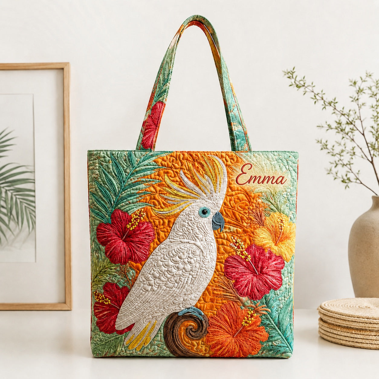 Tropical Parrot Floral Quilted Tote Bag, Cockatoo Shoulder Bag, Custom Bird Lover Tote, Exotic Bird Gift, Fabric Tote Bag, Gift Bag QTOTE44