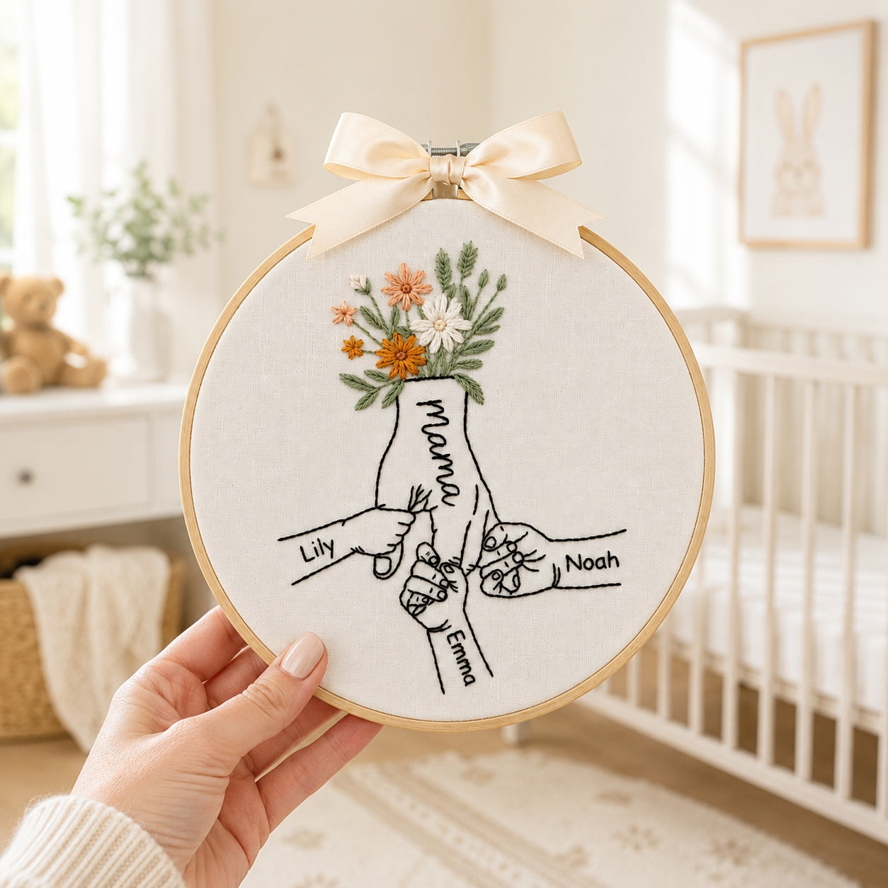 Personalized Family Hand Embroidery Hoop, Hand Embroidered Custom Hand Line Art, Family Name Keepsake Gift, Handmade Wall Decor EM17