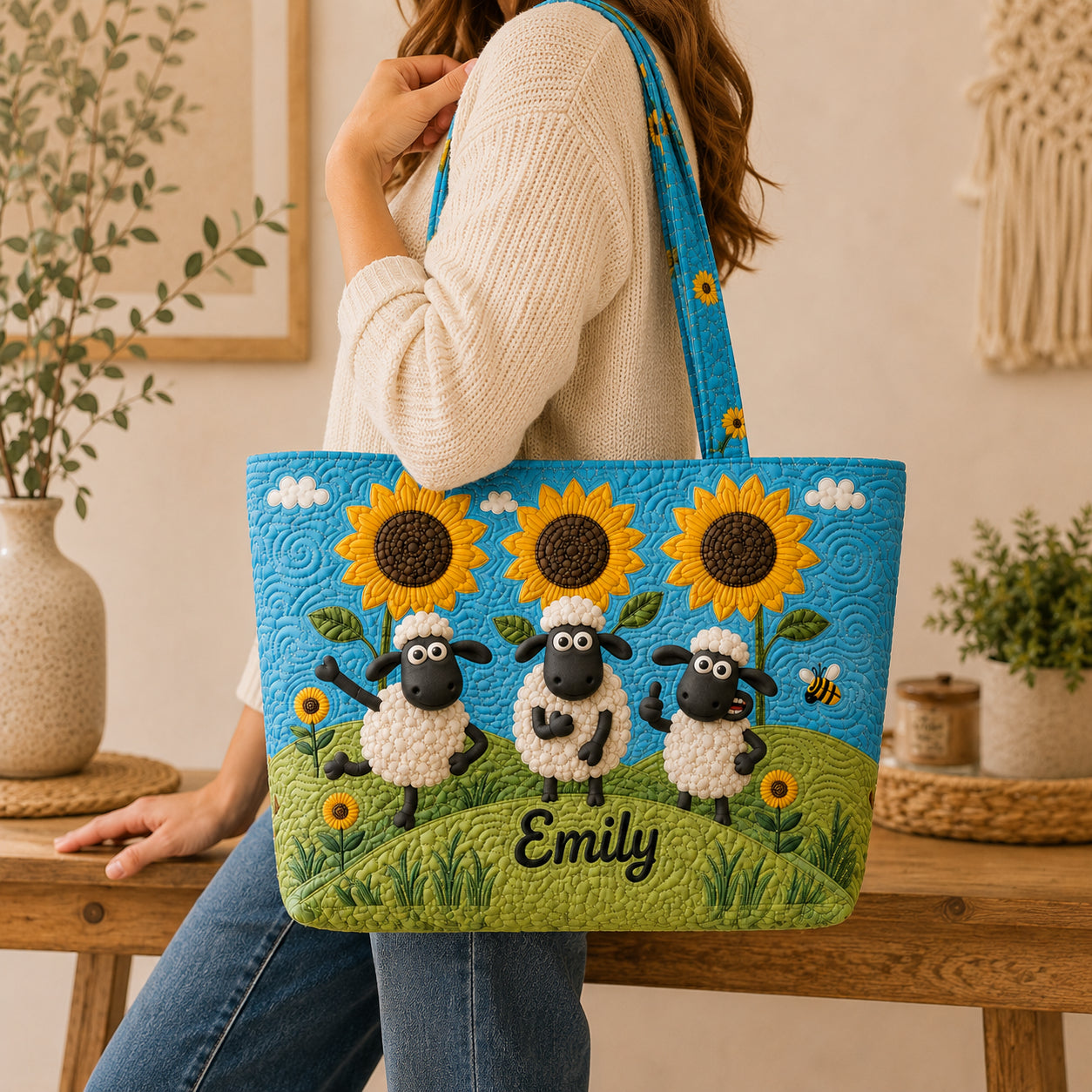 Funny Sheep Quilted Tote Bag, Sheep Pattern Tote Bag, Quilted Shoulder Bag, Quilted Book Bag, Fabric Bag QTOTE78