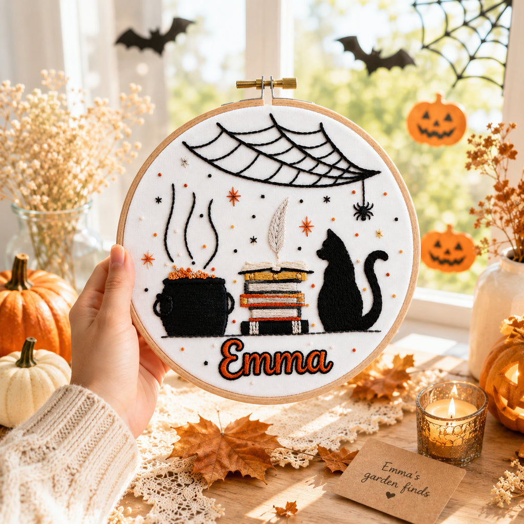 Personalized Halloween Witch Embroidery Hoop, Custom Name Wall Art, Black Cat and Spell Books Decor, Handmade Spooky Gift HOOP21
