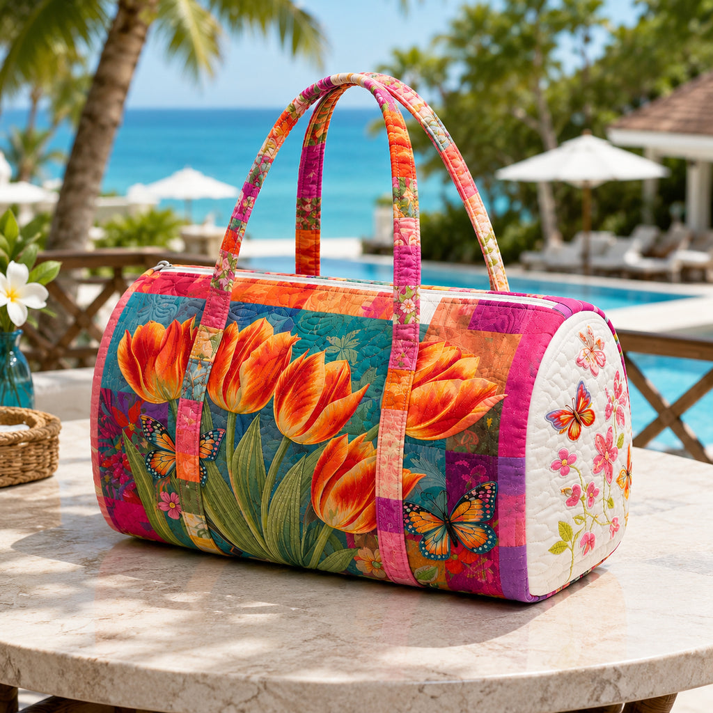 Tulip Quilted Travel Bag, Floral Weekender Bag, Butterfly Travel Duffle Bag, Floral Travel Bag QTTVB16