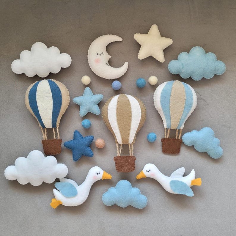 Hot Air Balloon Baby Mobile, Handmade Felt Crib Mobile with Clouds Birds Moon Stars, Adventure Nursery Decor, Baby Gift BBMB37