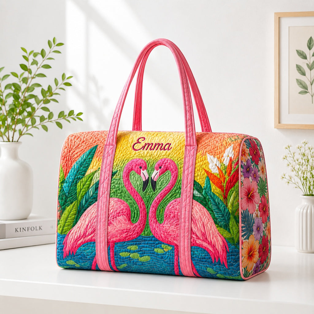 Flamingo Quilted Duffle Bag, Tropical Bird Travel Bag, Custom Name Weekender Bag, Summer Bag For Family Trip DFB42