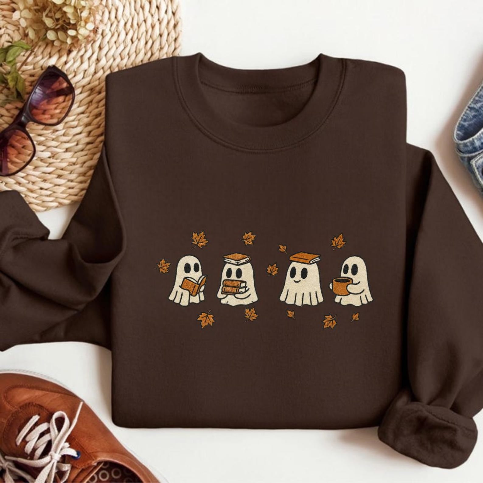 Embroidered Reading Ghost Shirt, Cute Ghosts Reading Books Autumn Embroidered Shirt, Autumn Shirt, Halloween Gift For Bookish HLEM20