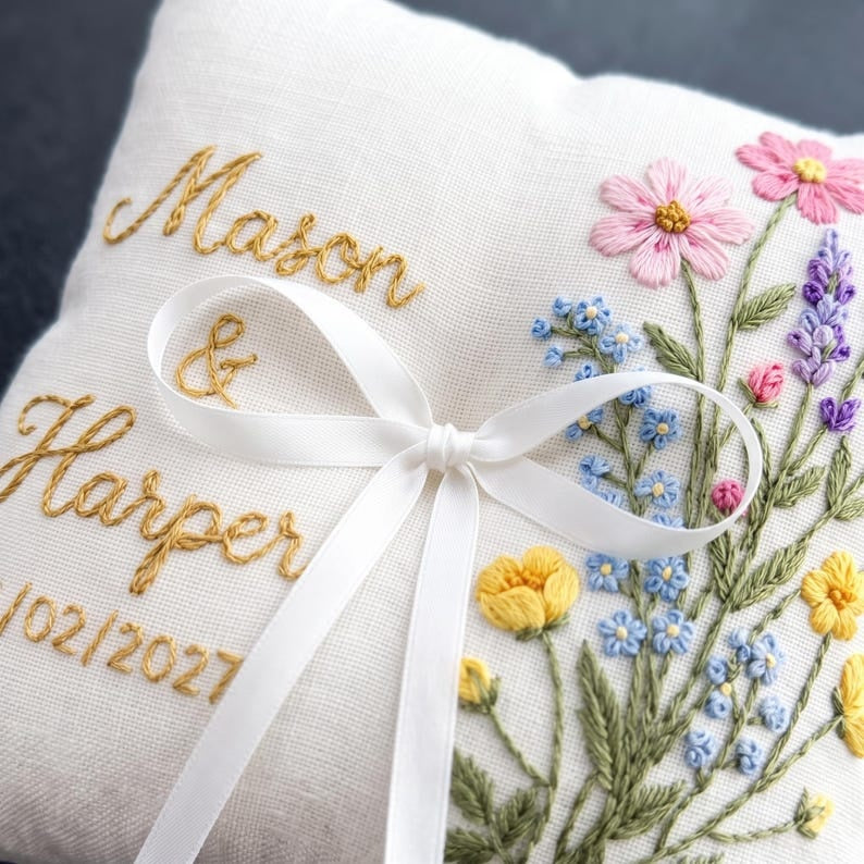 Personalized Embroidered Floral Wedding Ring Bearer Pillow, Custom Wedding Ring Pillow, Wedding Keepsake Gift WPILLOW20