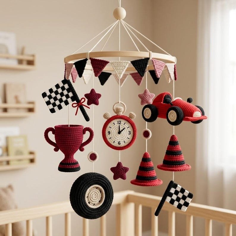 Race Car Baby Mobile, Crochet Crib Mobile for Boy Nursery, Handmade Racing Nursery Decor, Baby Shower Gift for Newborn CrochetBBM18