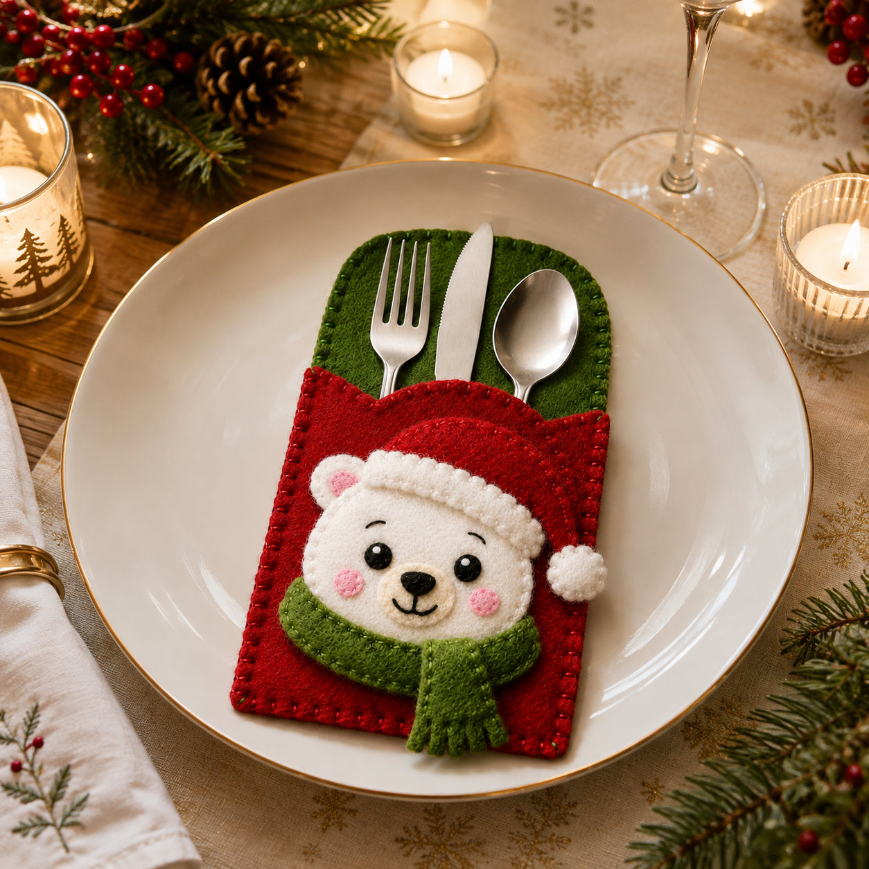Christmas Polar Bear Felt Silverware Holder, Holiday Cutlery Pocket, Winter Table Decor, Festive Place Setting FELTCH20
