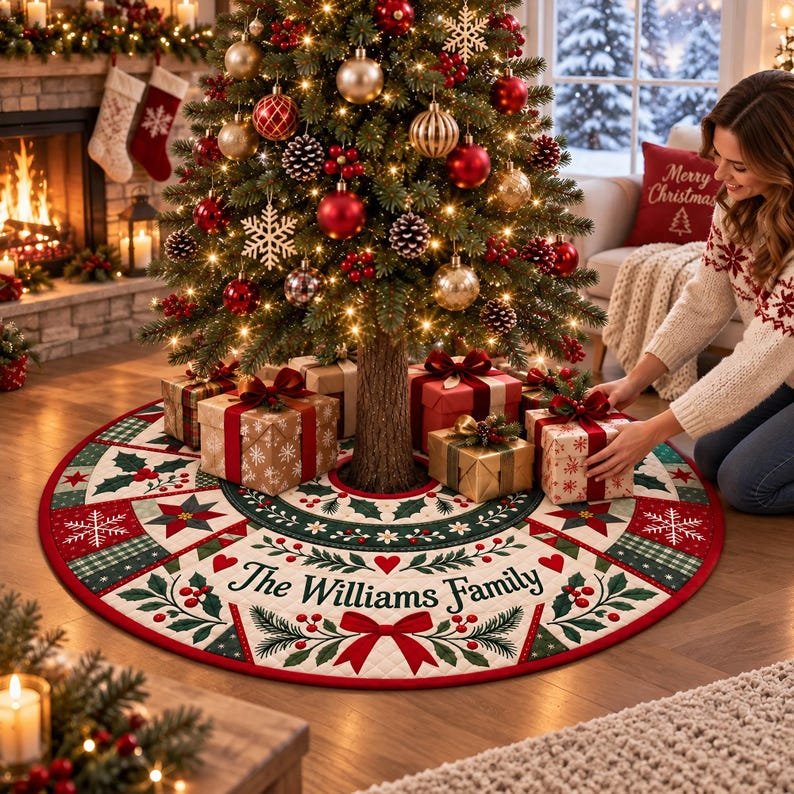 Custom Family Quilted Tree Skirt, Patchwork Xmas Tree Skirt, Holiday Decor, Xmas Tree Base Cover, Custom Tree Skirt XMASTS20