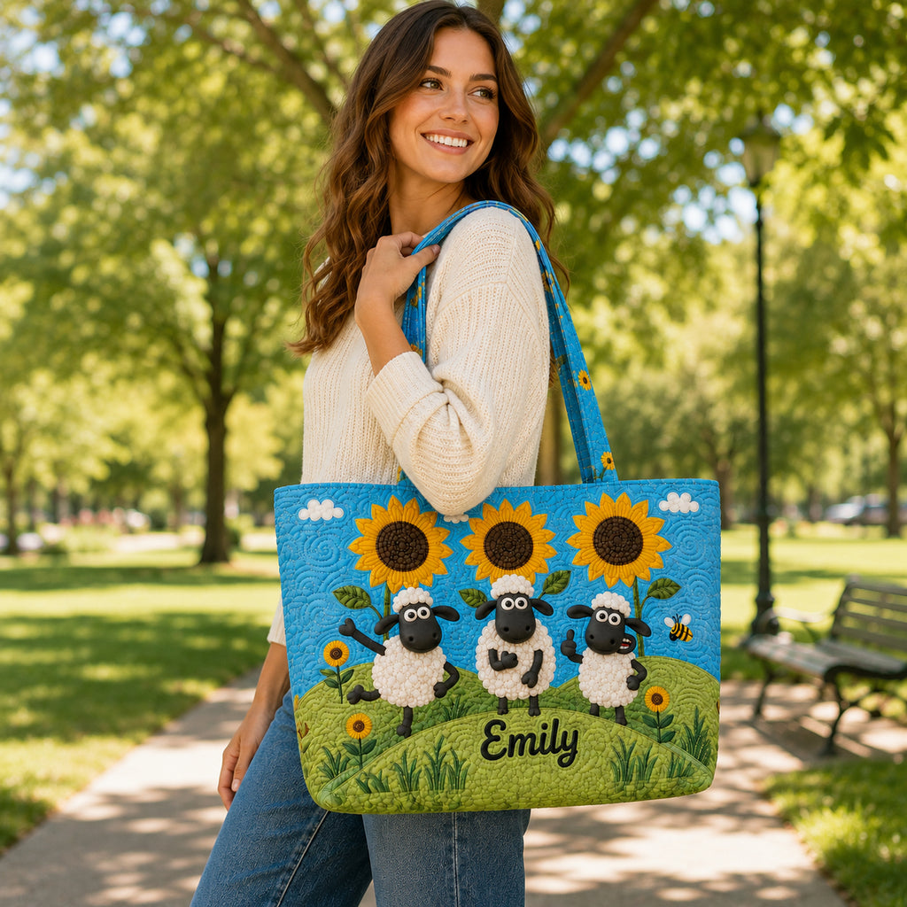 Funny Sheep Quilted Tote Bag, Sheep Pattern Tote Bag, Quilted Shoulder Bag, Quilted Book Bag, Fabric Bag QTOTE78