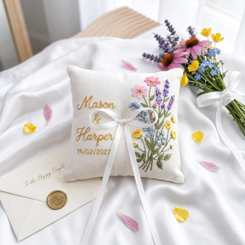 Personalized Embroidered Floral Wedding Ring Bearer Pillow, Custom Wedding Ring Pillow, Wedding Keepsake Gift WPILLOW20