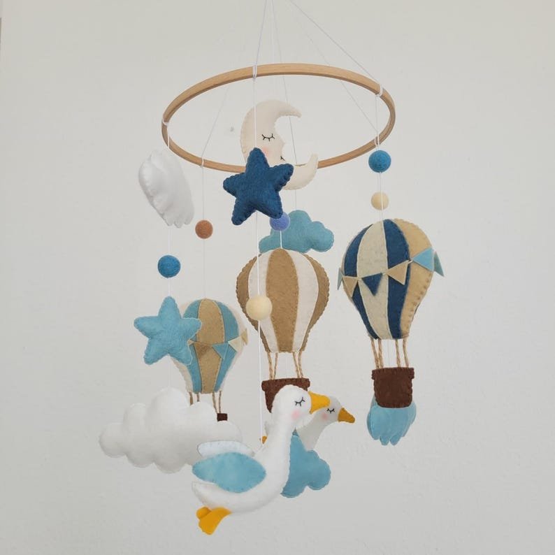 Hot Air Balloon Baby Mobile, Handmade Felt Crib Mobile with Clouds Birds Moon Stars, Adventure Nursery Decor, Baby Gift BBMB37
