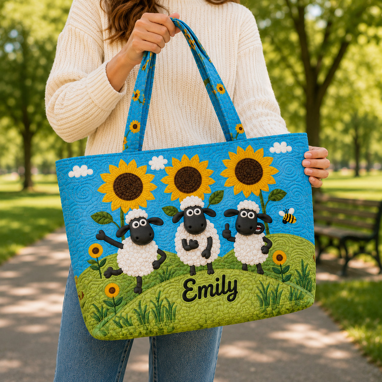 Funny Sheep Quilted Tote Bag, Sheep Pattern Tote Bag, Quilted Shoulder Bag, Quilted Book Bag, Fabric Bag QTOTE78