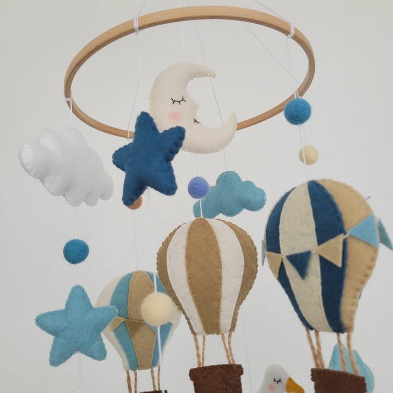 Hot Air Balloon Baby Mobile, Handmade Felt Crib Mobile with Clouds Birds Moon Stars, Adventure Nursery Decor, Baby Gift BBMB37
