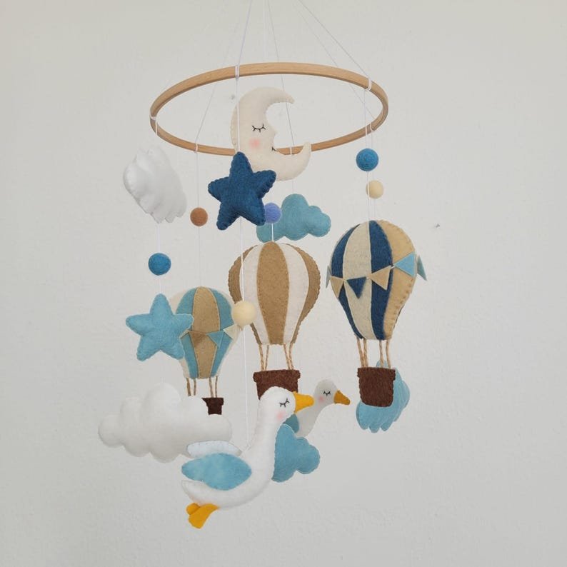 Hot Air Balloon Baby Mobile, Handmade Felt Crib Mobile with Clouds Birds Moon Stars, Adventure Nursery Decor, Baby Gift BBMB37