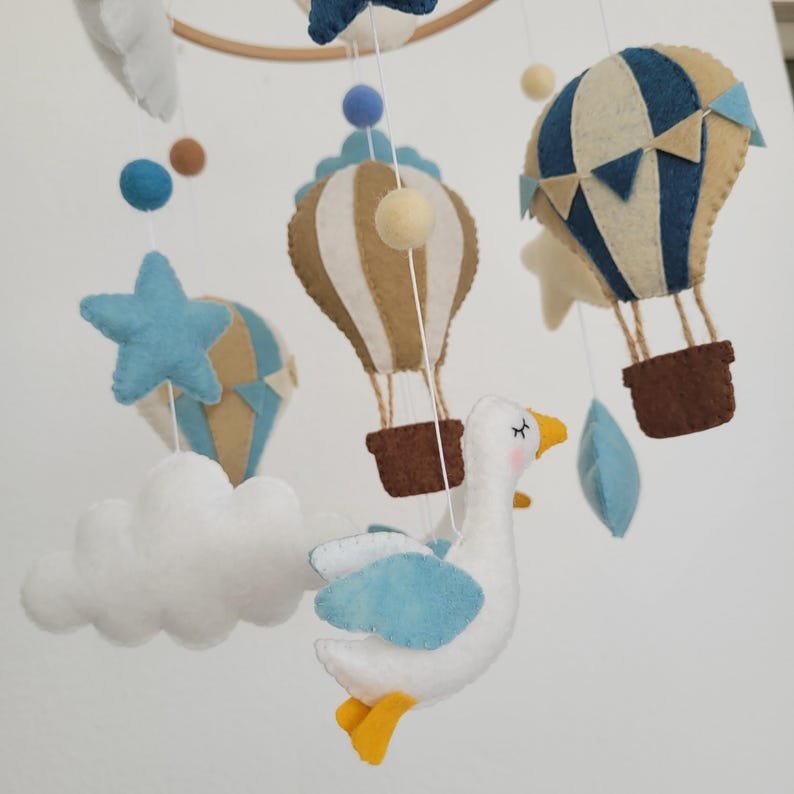 Hot Air Balloon Baby Mobile, Handmade Felt Crib Mobile with Clouds Birds Moon Stars, Adventure Nursery Decor, Baby Gift BBMB37