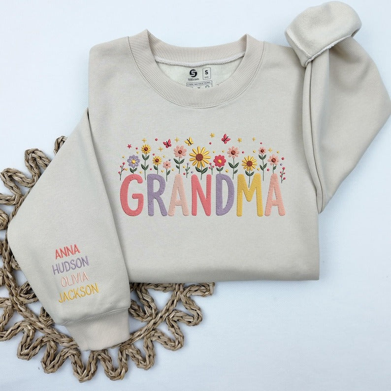 Grandma Wildflower Sweatshirt, Custom Embroidered Grandma Sweatshirt, Grandkids Name On Sleeve, Wildflowers Sweatshirt, Custom Grandma Gift