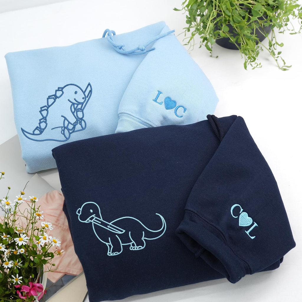 Embroidered Dinosaur with Knife Matching Couple Hoodies, Dinosaur Valentine Hoodie, BF and GF Hoodie, Anniversary Gift for Him, Her