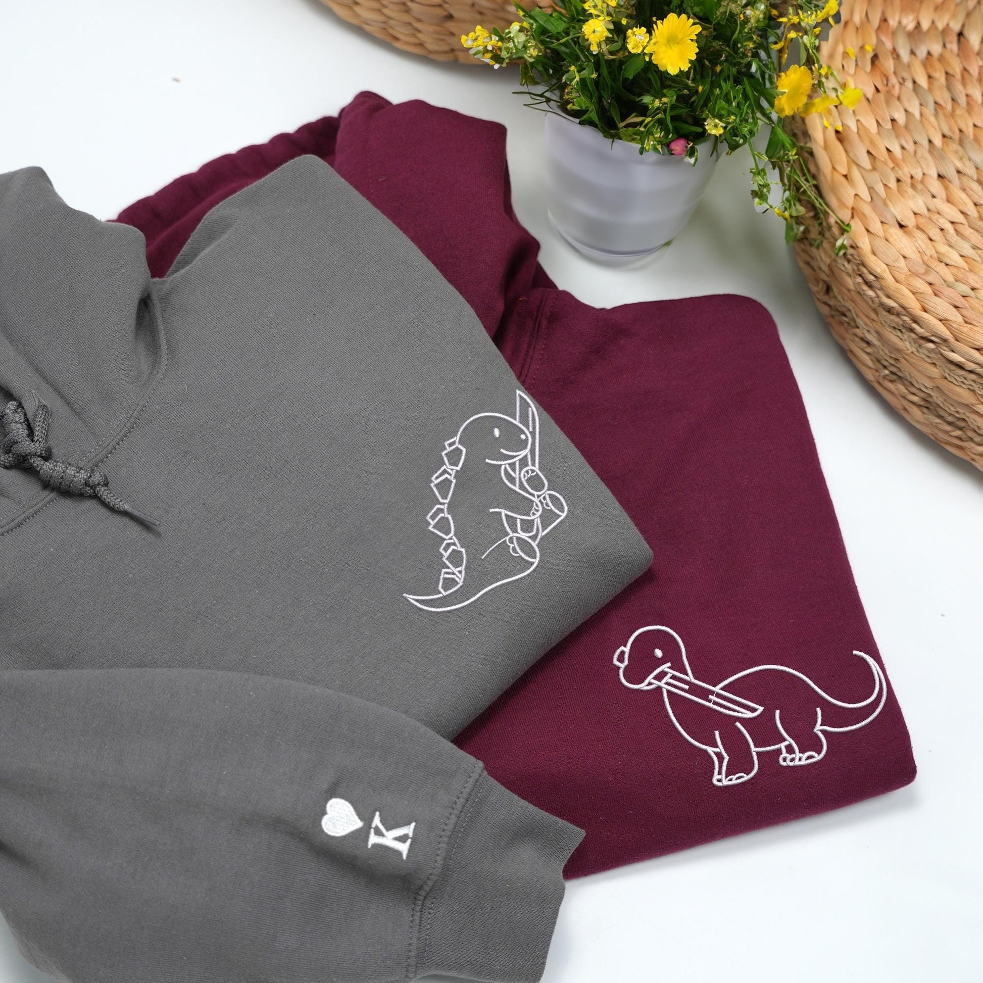 Embroidered Dinosaur with Knife Matching Couple Hoodies, Dinosaur Valentine Hoodie, BF and GF Hoodie, Anniversary Gift for Him, Her