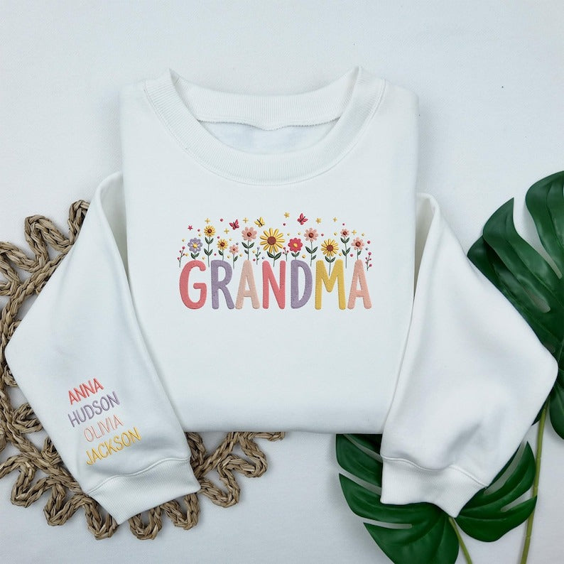 Grandma Wildflower Sweatshirt, Custom Embroidered Grandma Sweatshirt, Grandkids Name On Sleeve, Wildflowers Sweatshirt, Custom Grandma Gift