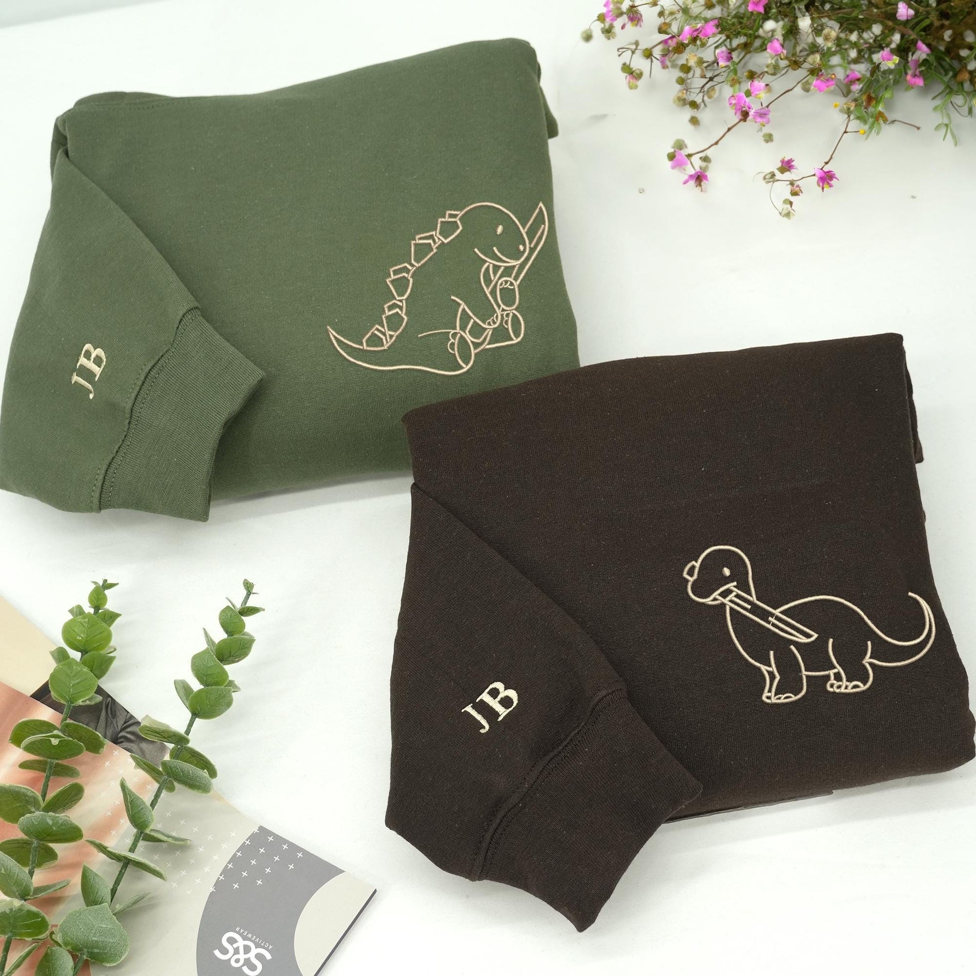 Embroidered Dinosaur with Knife Matching Couple Hoodies, Dinosaur Valentine Hoodie, BF and GF Hoodie, Anniversary Gift for Him, Her