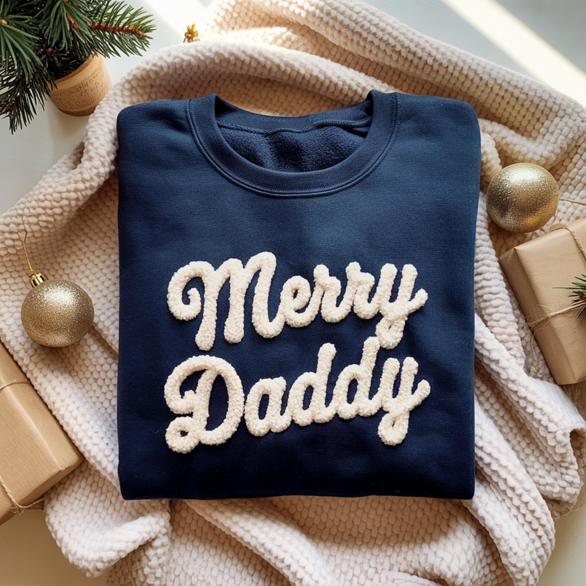 Merry Daddy Chenille Yarn Embroidered Sweatshirt, Dad Embroidery Shirt, Gift for Dad, Family Matching, Christmas Gift For Father