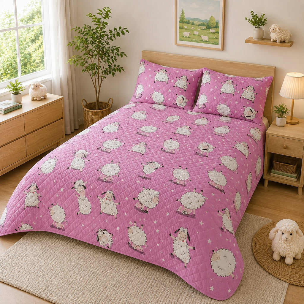 Funny Sheep Blanket, Sheep Quilted Bedding Set, Custom Sheep Quilt Set with Pillow Covers, Bedroom Decor QBEDSET19