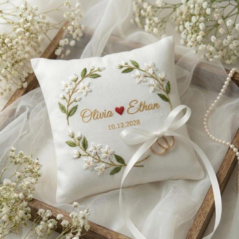 Personalized Embroidered Floral Wedding Ring Bearer Pillow, Custom Wedding Ring Pillow, Wedding Keepsake Gift WPILLOW21