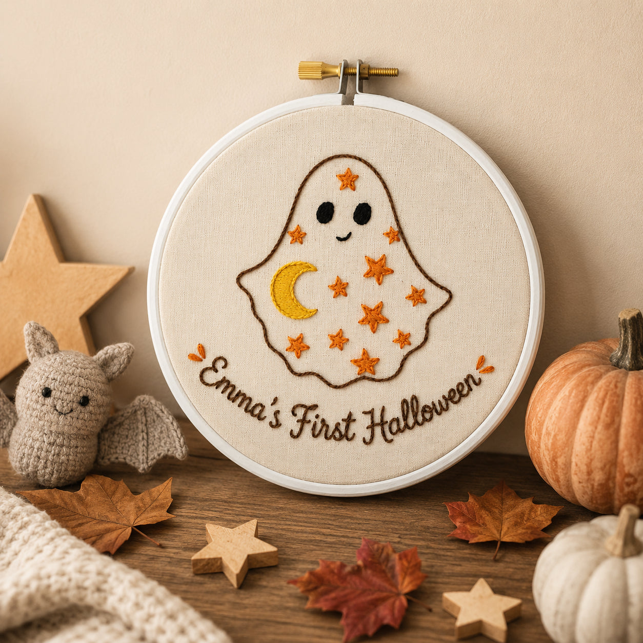 Personalized First Halloween Hand-Embroidery Hoop, Baby's First Halloween Decor, Custom Name Ghost Wall Art, Handmade Nursery Keepsake Gift HOOP22