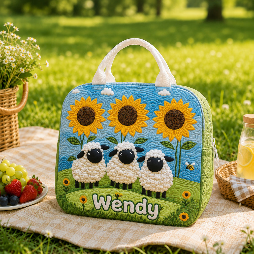Sunflower Sheep Quilted Lunch Bag, Insulated Quilted Lunch Tote, Sheep Lunch Bag, Custom Kid Lunch Bag, Back To School Bag, Picnic Bag, Reusable Lunch Tote QLB21