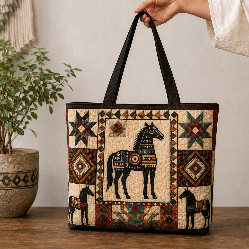 Western Horse Quilted Tote Bag, Horse Tote Bag, Quilted Shoulder Bag, Quilted Book Bag, Fabric Bag QTOTE69