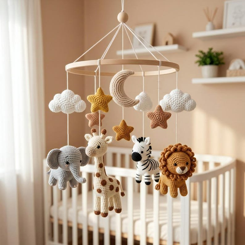 Safari Animals Baby Crib Mobile, Handmade Crochet Lion Giraffe Elephant Zebra Mobile, Jungle Nursery Decor, Safari Baby Mobile, Baby Shower Gift CrochetBBM19
