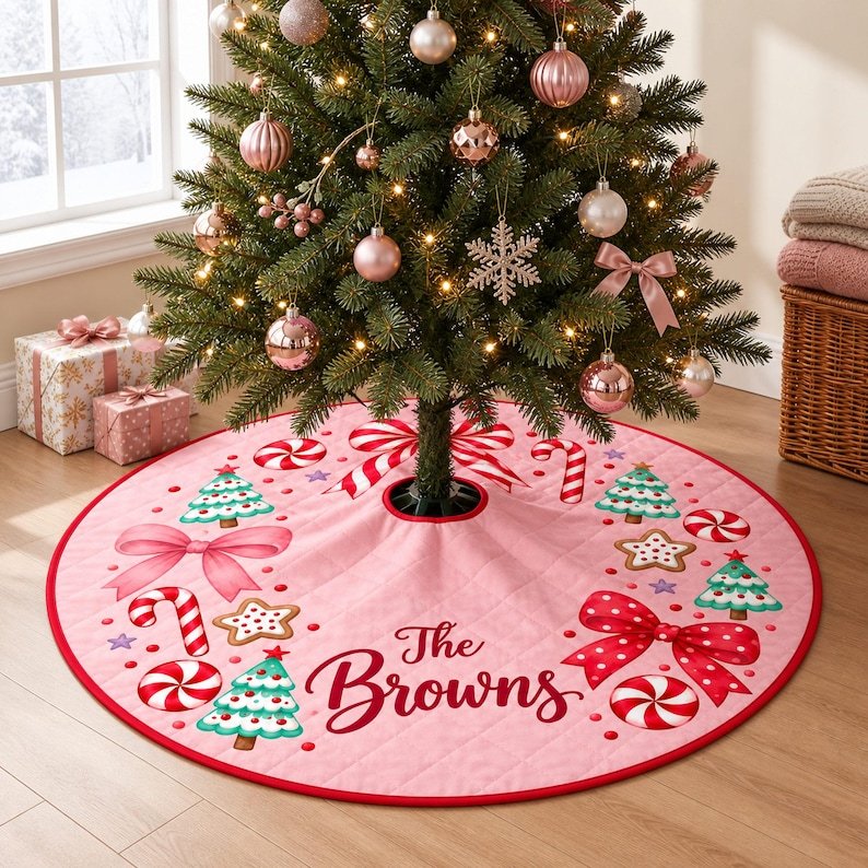 Custom Pink Christmas Quilted Tree Skirt, Patchwork Xmas Tree Skirt, Holiday Decor, Xmas Tree Base Cover, Custom Tree Skirt XMASTS21