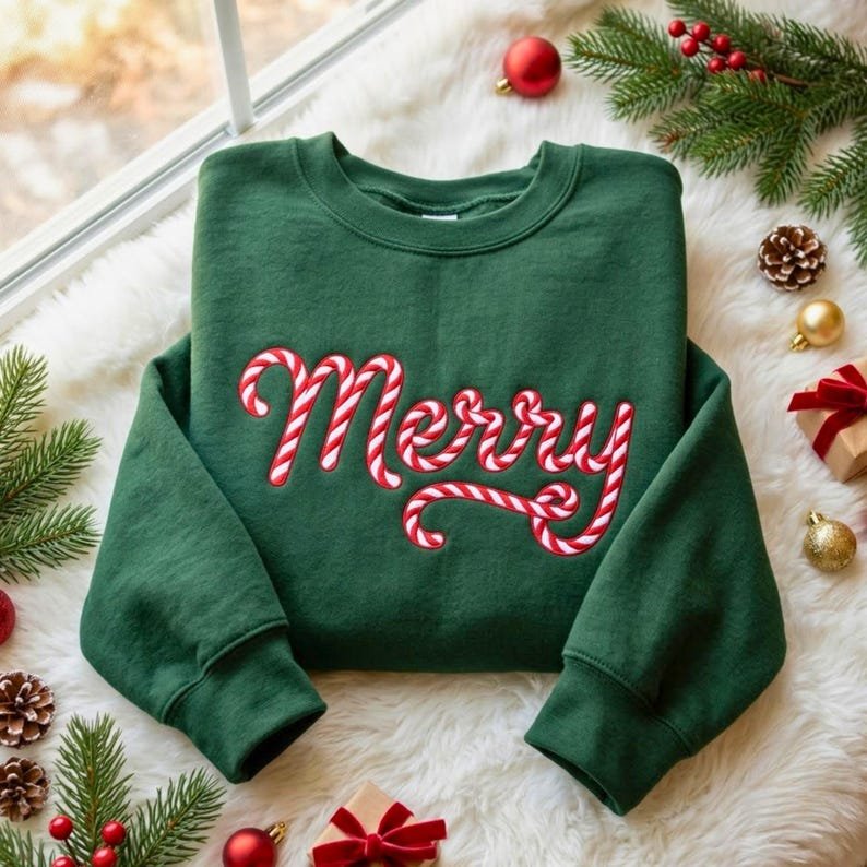 Embroidered Candy Cane Merry Christmas Sweatshirt, Christmas Crewneck, Xmas Gift Shirt XMASS13